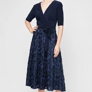 NEW Alex Evenings Women's Tea Length Jersey Rosette Lace Dress Size 14